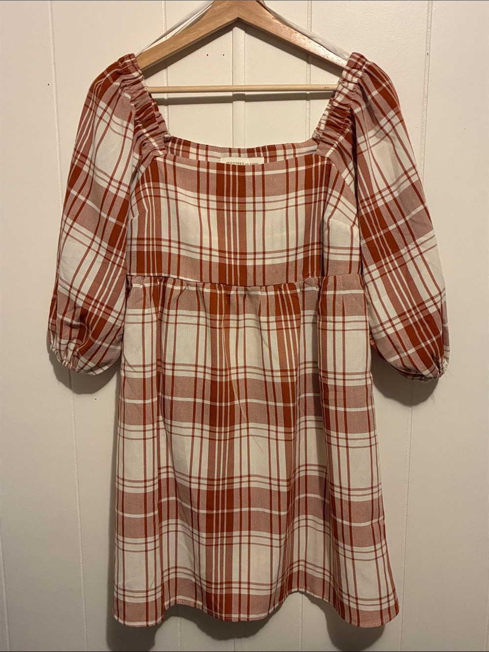 Monteau Rust & Cream Plaid Square-Neck Puff Sleeve Dress